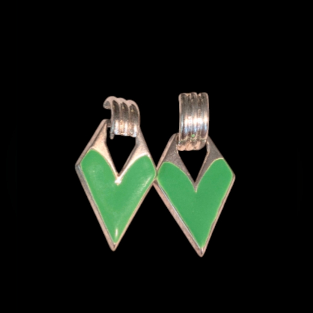 Vintage Geometric V-Shape Green & Silver-Tone Pierced Earrings (Unsigned)